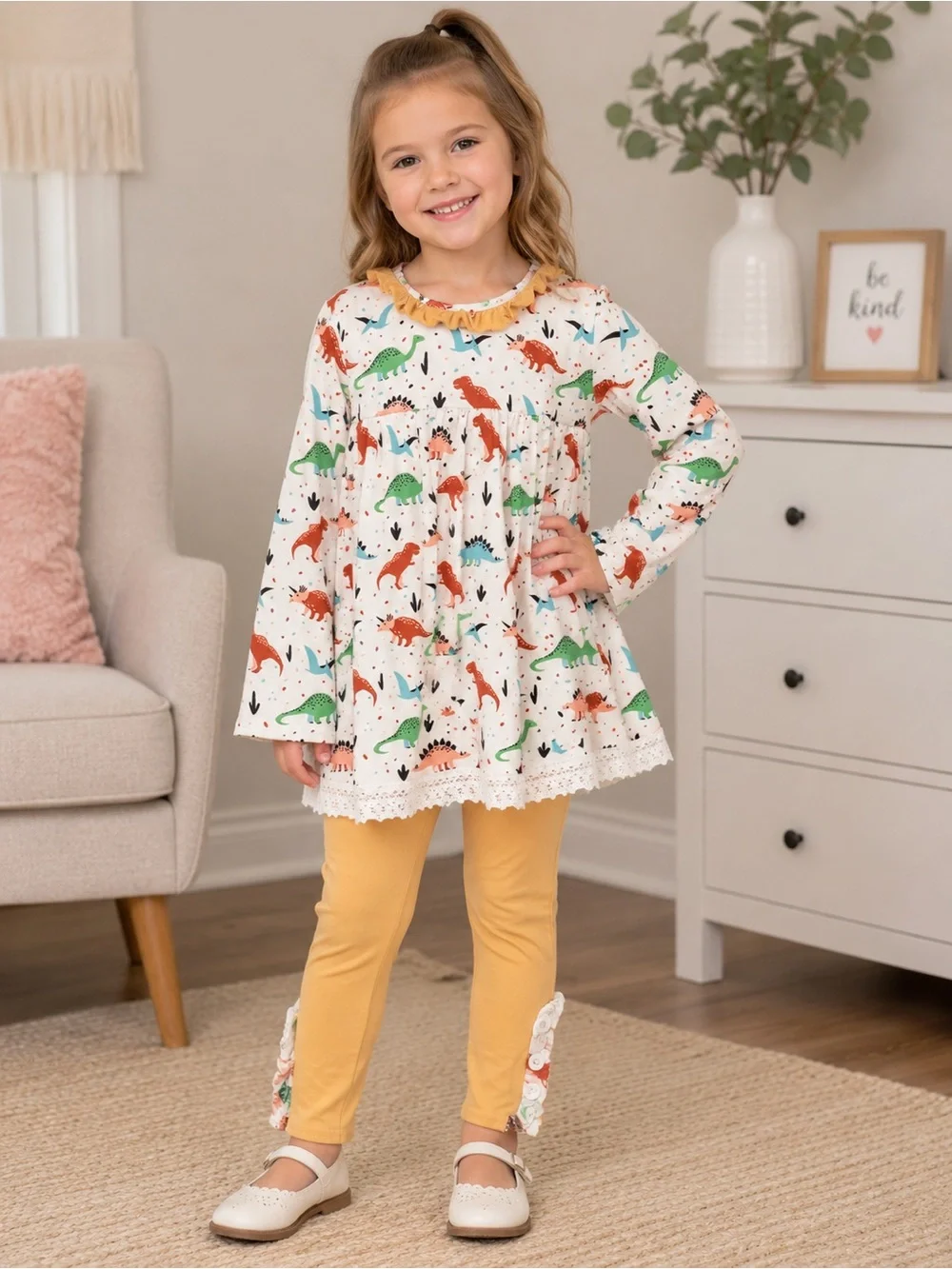 Girls' Yellow Dinosaur Pajama Set - Brand: